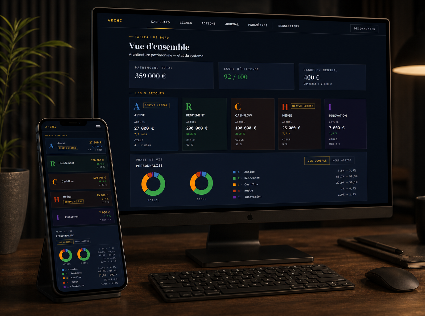 Aperçu de l'application ARCHI — dashboard d'allocation patrimoniale par brique